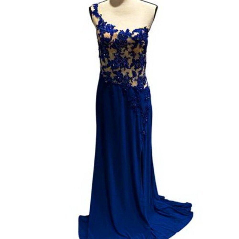Royal Blue Embroidered Beaded Illusion Jersey One Shoulder Gown